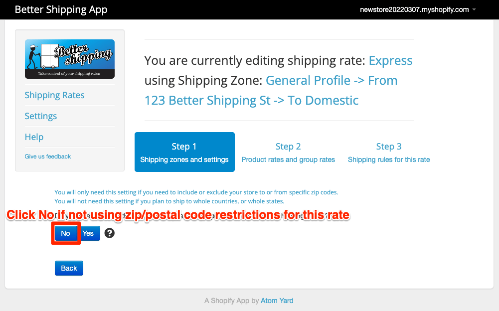 Better Shipping for Shopify click no zip or postal code restriction screenshot