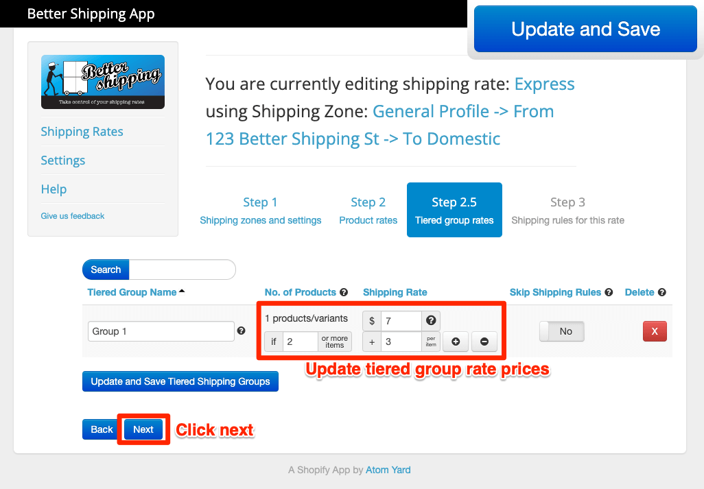 Better Shipping for Shopify update tiered group shipping rate prices and click next screenshot