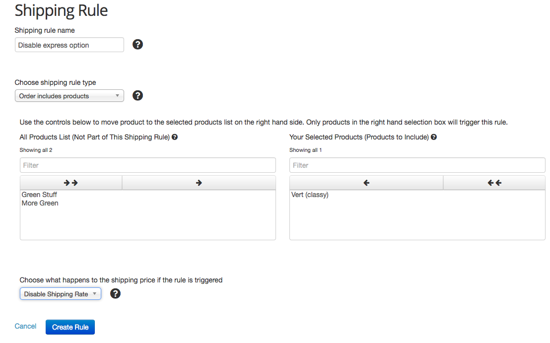 Better Shipping for Shopify add specific products to a new includes products shipping rule trigger screenshot