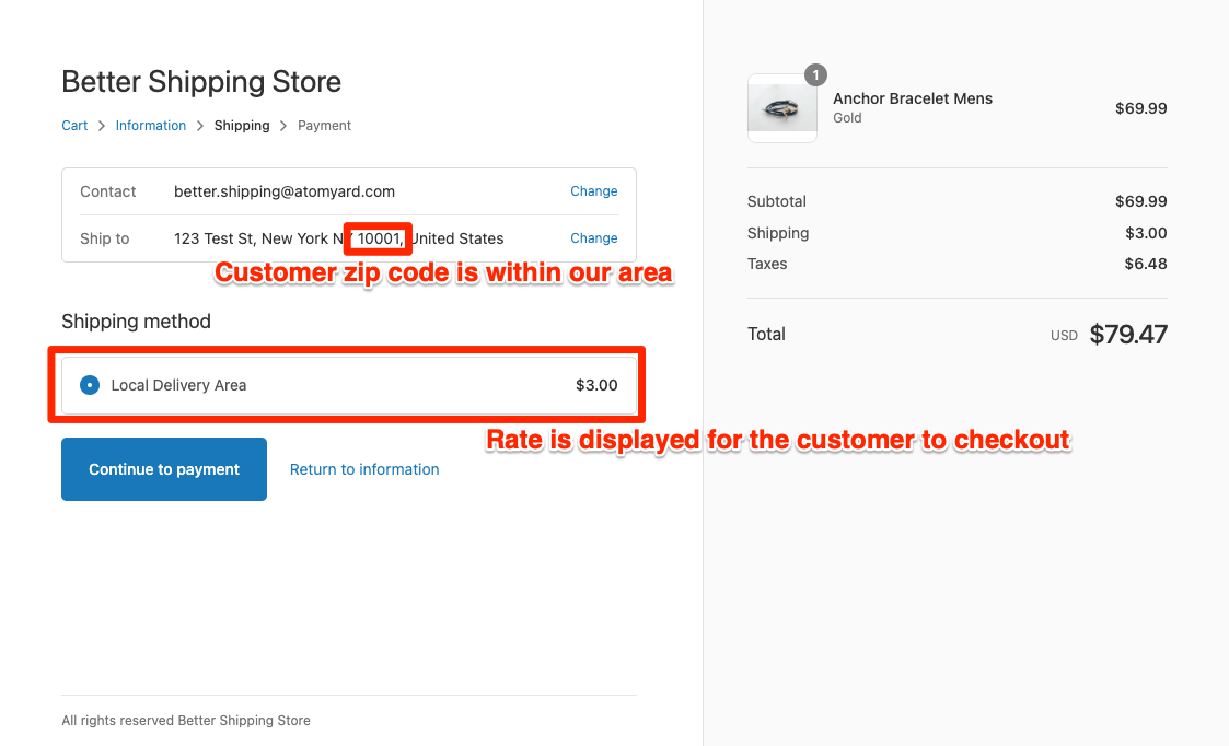 Better Shipping for Shopify test successful inside the restricted shipping zip code area showing shipping rate at checkout screenshot