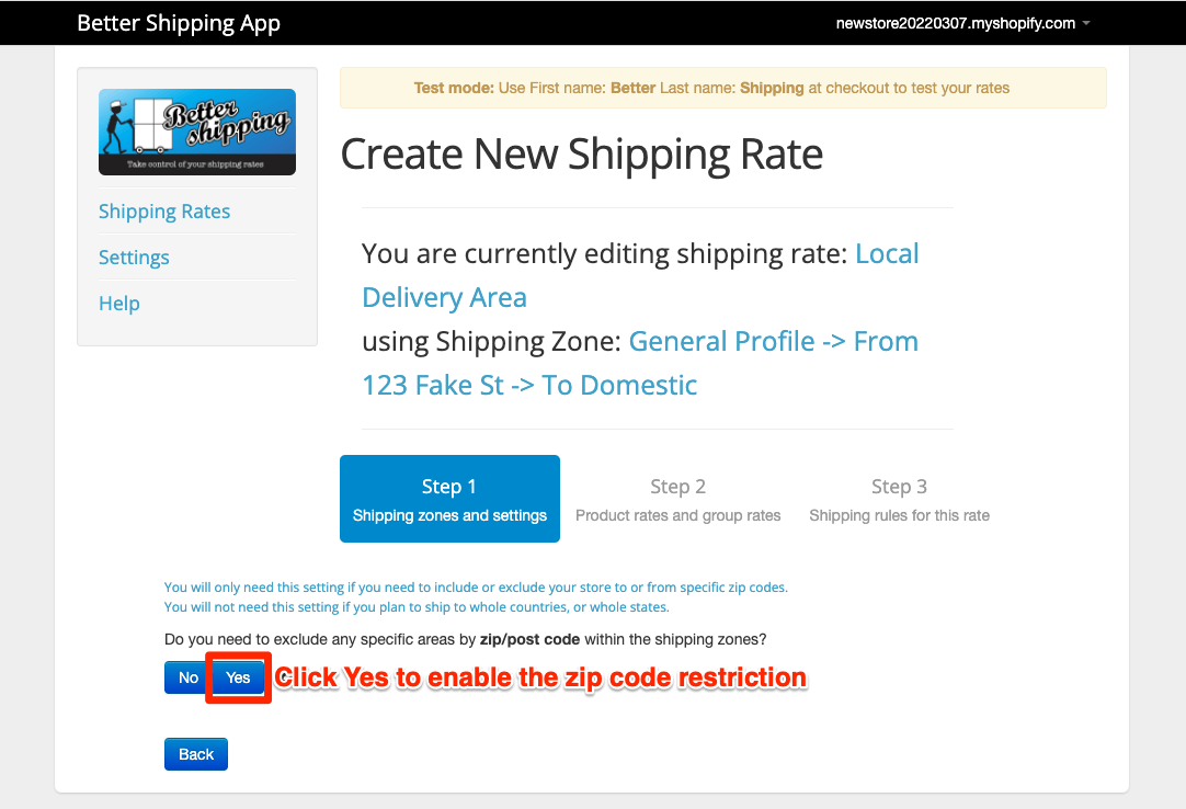 Better Shipping for Shopify enable the zip code restriction feature screenshot